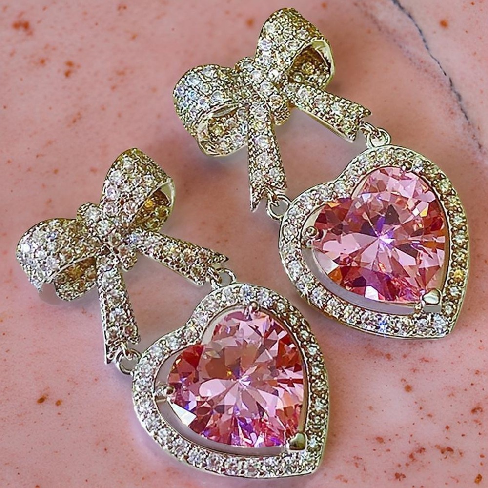 NEW Rhinestone Bow Heart Earrings Pink Gemstone Studded Clear Stones Dangle